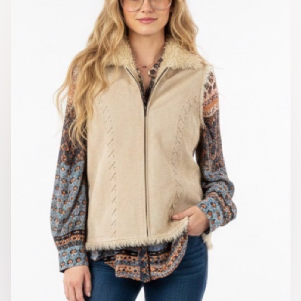 Vtg Penny Lane Ruff Hewn Fur Trimmed Suede-Leather Shearling CoatVest Jacket S